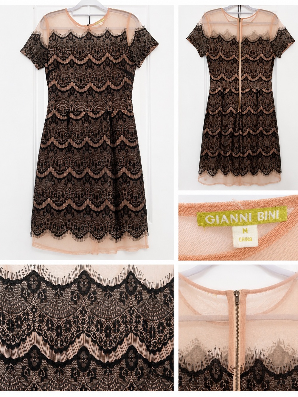 Gianni Bini Black Lace over Nude Mesh Short Sleeve Dress